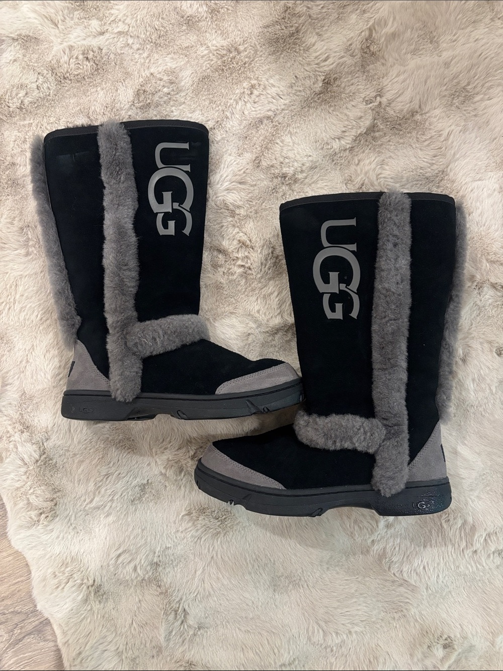 UGG Black and Gray Shearling Tall Boots